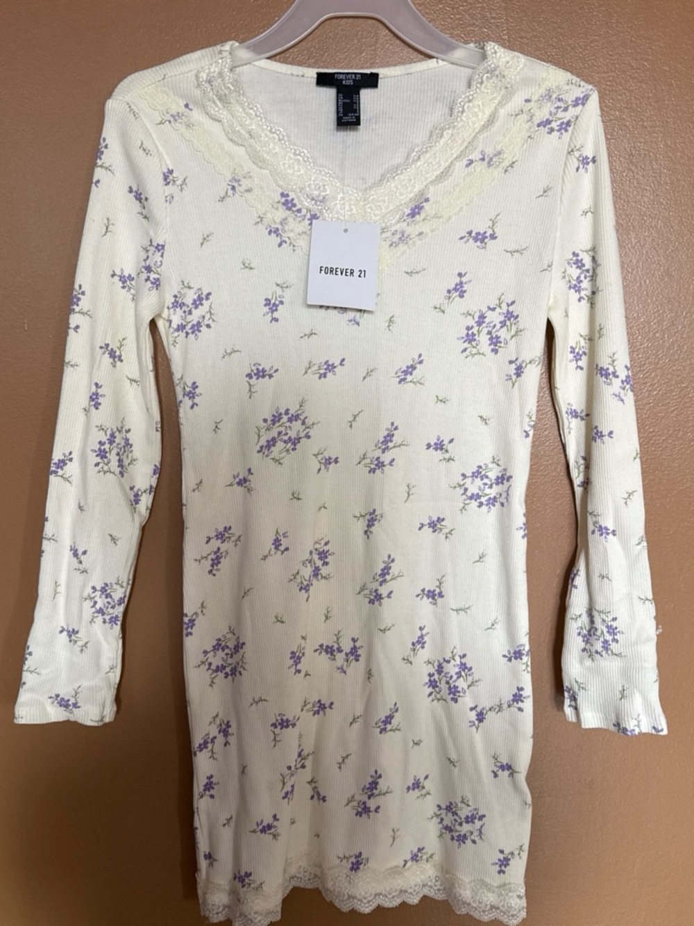 Forever 21 Cream Long Sleeve Dress with Lavender Floral Print